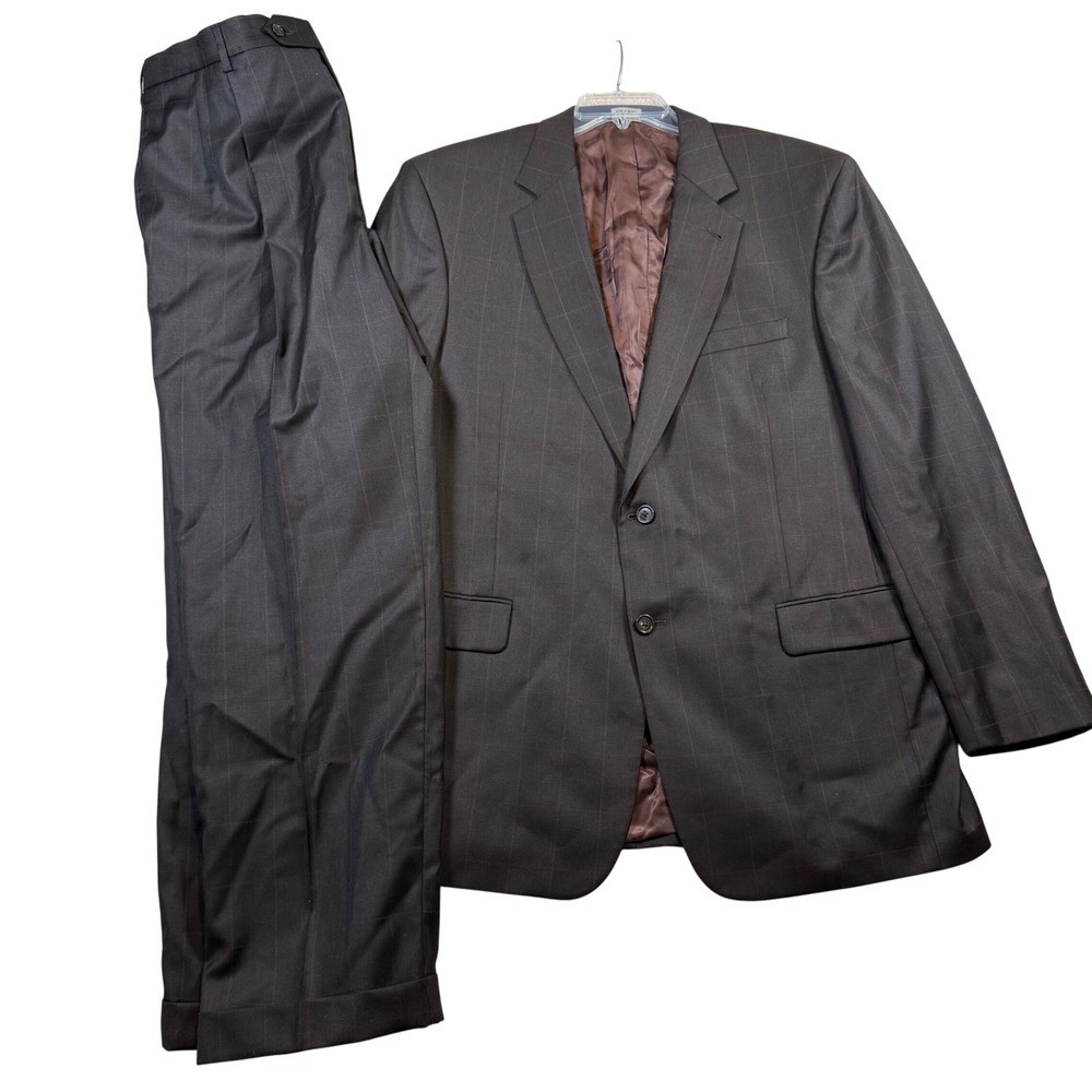 Jos. A. Bank Suit Mens 44LG Dark Brown Windowpane 100% Wool Signature Collection